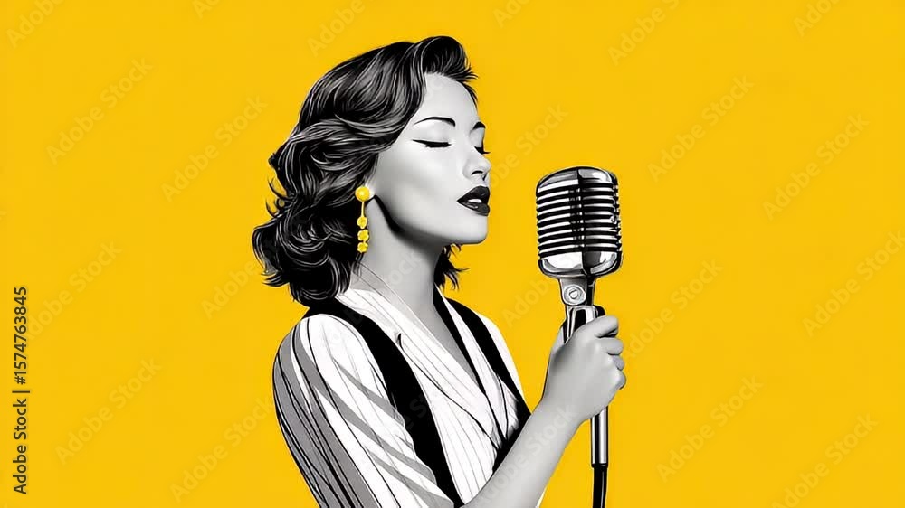 Woman singing into microphone retro art illustration