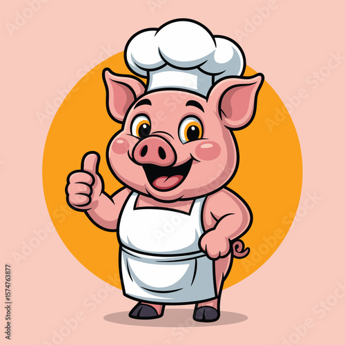 Happy cartoon pig chef giving a thumbs up in a white apron and hat
