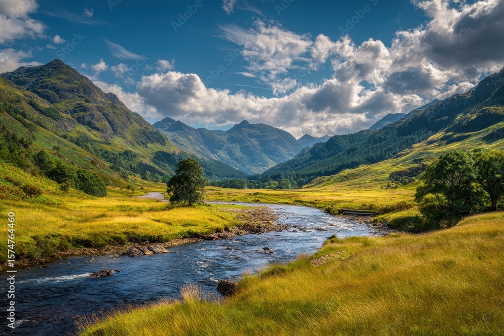 Fototapeta premium River flows through valley in Scotland, cloudy sky; for travel, relaxation, tourism
