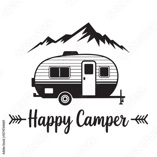 retro caravan illustration with mountains and happy camper typography perfect for camping and travel projects