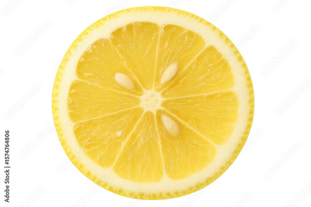 Vibrant lemon slice highlighting citrusy pulp, translucent seeds, and intricate inner segments against clean backdrop Vibrant lemon slice highlighting citrusy pulp, translucent seeds, and intricate inner segments against clean backdrop