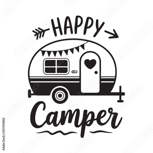 happy camper vintage caravan vector with mountain peaks and arrow, ideal for camping and travel logos