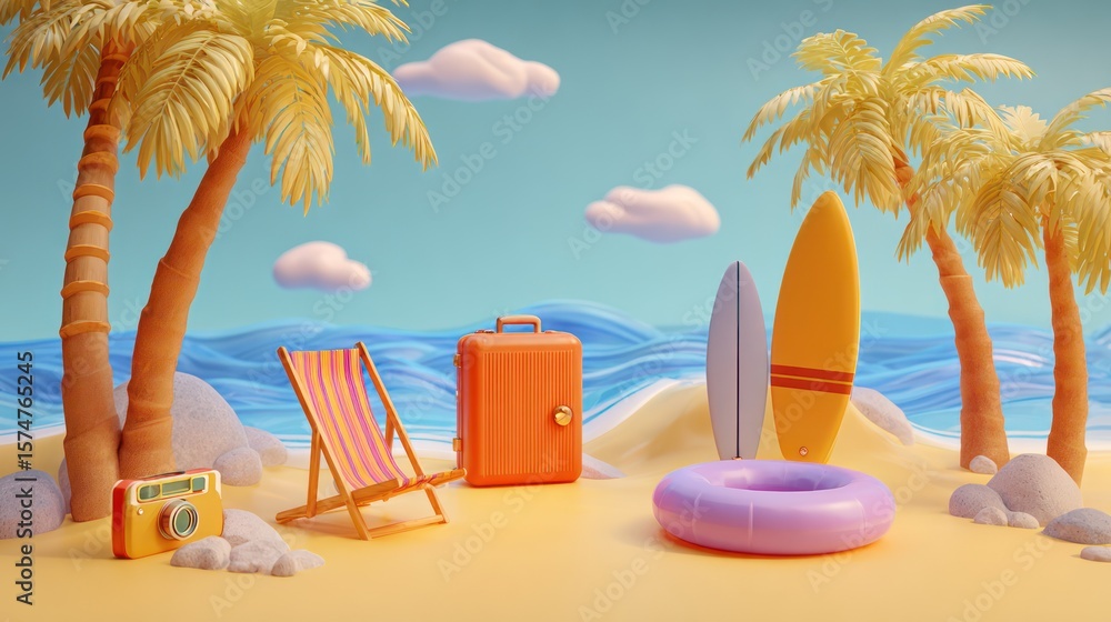 Obraz premium Cartoon beach scene with palm trees, luggage, surfboards, chair, and clear blue sky