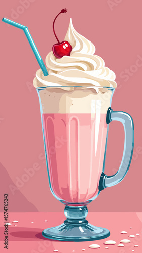 Vector of a classic American diner milkshake in a glass cup with whipped cream and cherry on top, pink retro style.