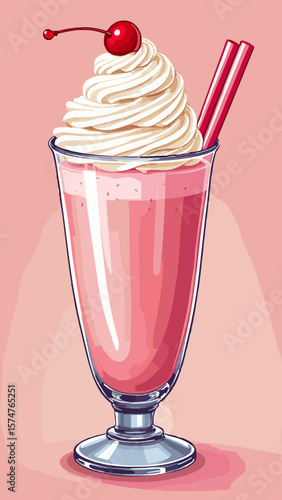 Vector of a classic American diner milkshake in a glass cup with whipped cream and cherry on top, pink retro style.generative ai