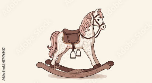 Vector illustration of a wooden rocking horse with soft colors and nostalgic style, classic children’s toy.generative ai