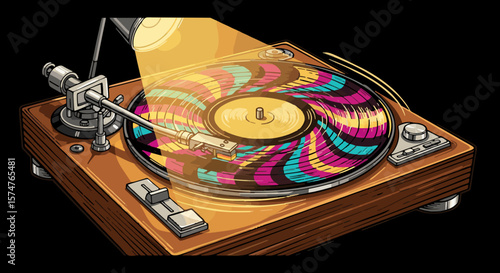 Vector of a vinyl record spinning on a vintage turntable with vibrant disco colors and retro lighting glow.generative ai