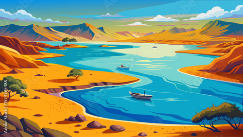 Lake Turkana, Kenya – Desert lagoon waters turn vivid cobalt against ochre shores, fishing boats dot narrow inlets under harsh sun.