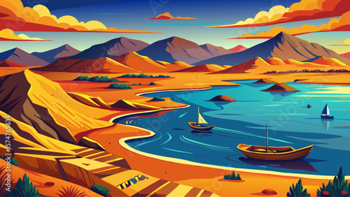 Lake Turkana, Kenya – Desert lagoon waters turn vivid cobalt against ochre shores, fishing boats dot narrow inlets under harsh sun.