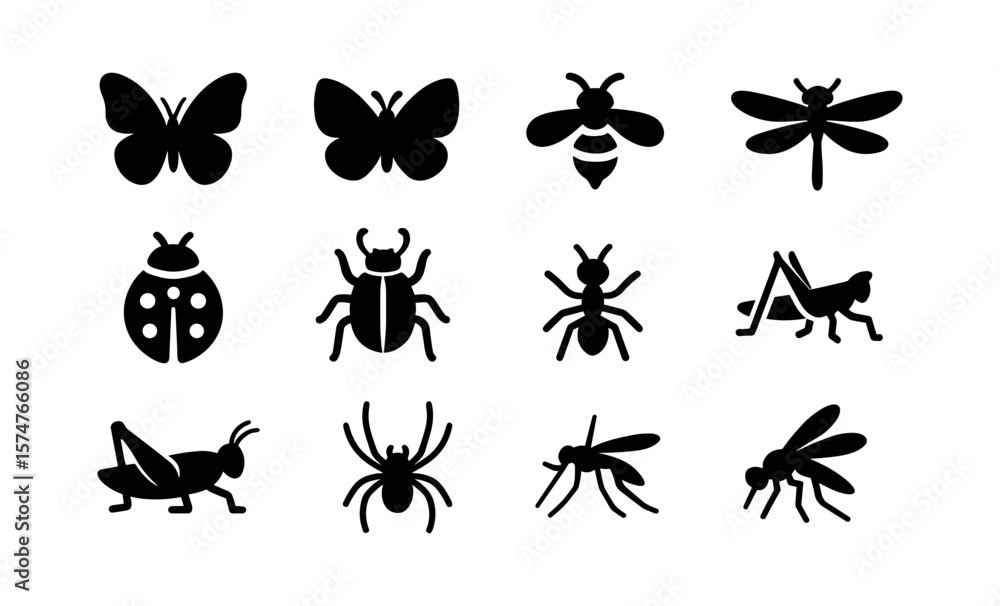 Fototapeta premium Silhouette collection of insects: butterflies, spider, bees, and more in iconic styles