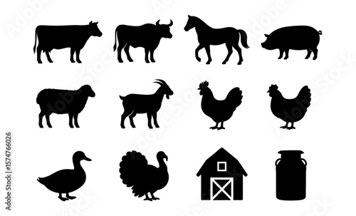 Farm animals silhouettes: cow, horse, pig, sheep, goat, chicken, duck, turkey, barn, milk can