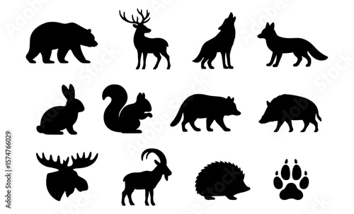 Black silhouettes of 12 forest animals and paw print on white background. Vector illustration. Design for banner, poster, sticker, greeting card, invitation.