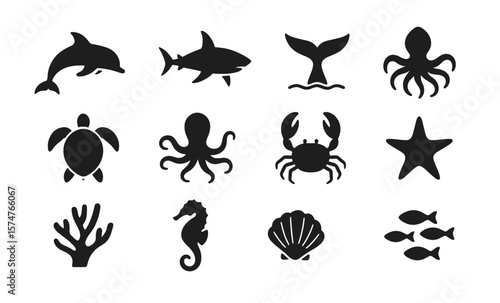 Silhouette sea creatures icons: ocean life collection featuring marine animals