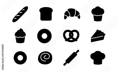Silhouette icons of baked goods: bread, croissant, muffin, and more