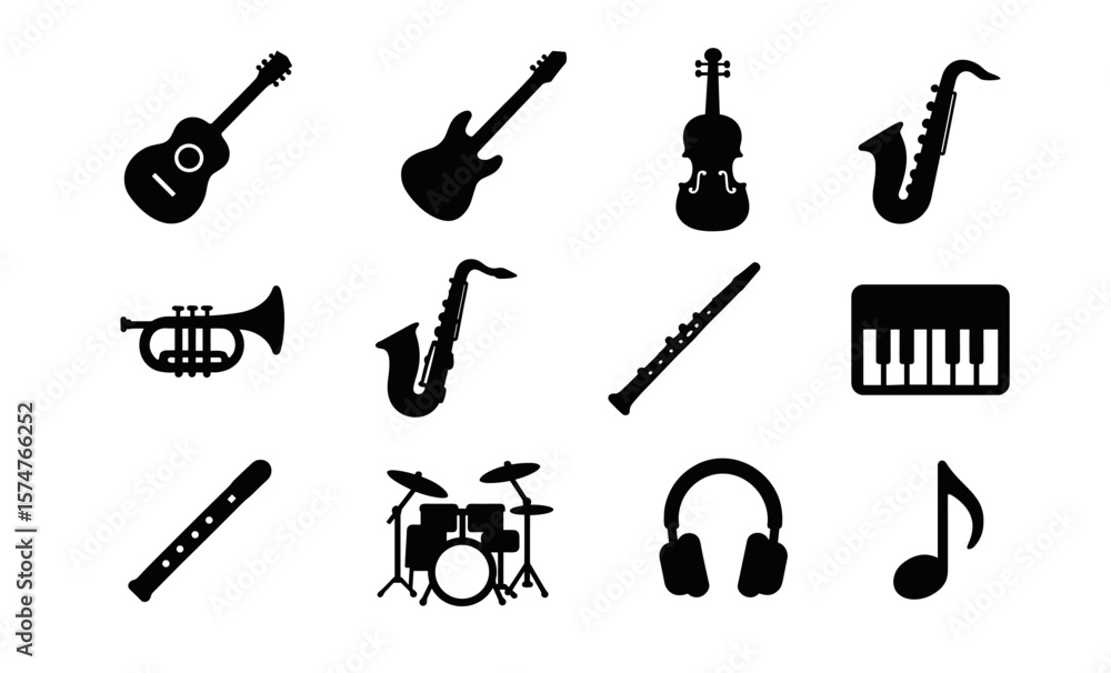 Silhouette icons of musical instruments: guitar, violin, drum set, keyboard, saxophone
