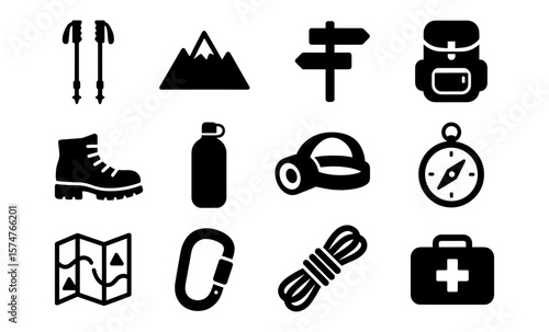 Essential hiking gear icons: simplified tools and equipment for outdoor adventures