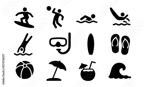 Summer beach activity icons: silhouette adventure designs