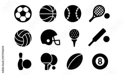 Silhouette icons of popular sports gear and balls for diverse athletic activities