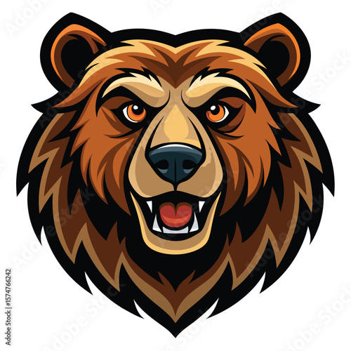 Illustration of a bear's head.  Bold, stylized, cartoonish head of a brown bear, mouth open in a menacing expression, large, expressive eyes, and prominent fur