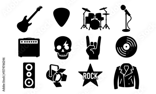 Silhouette rock music icons: guitar, microphone, skull, and more in black and white