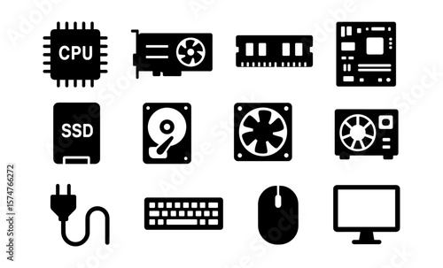 Silhouette icons of computer components for technology and computing themes