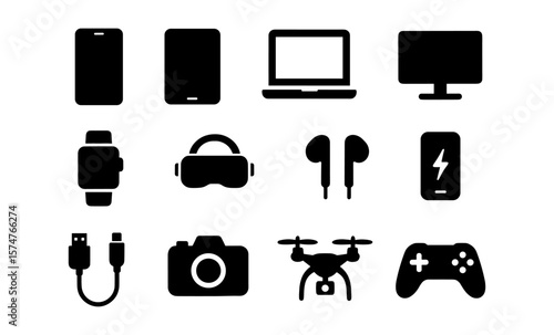 Silhouette icons of modern technology devices: smartphones, gadgets, and game controllers