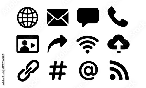 Essential communication and technology icons collection in bold black silhouette style