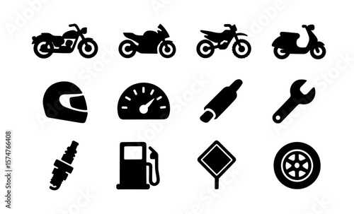 Silhouette icons of motorcycle accessories and tools