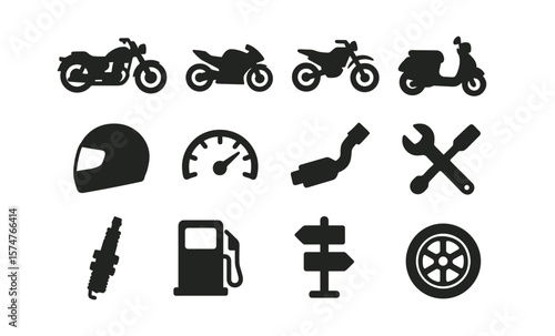 Motorcycle icons set: silhouette transportation tools and gear collection