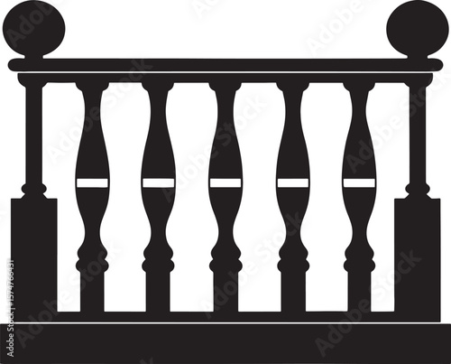 Classic balustrade with decorative pillars and spheres silhouette isolated on white background