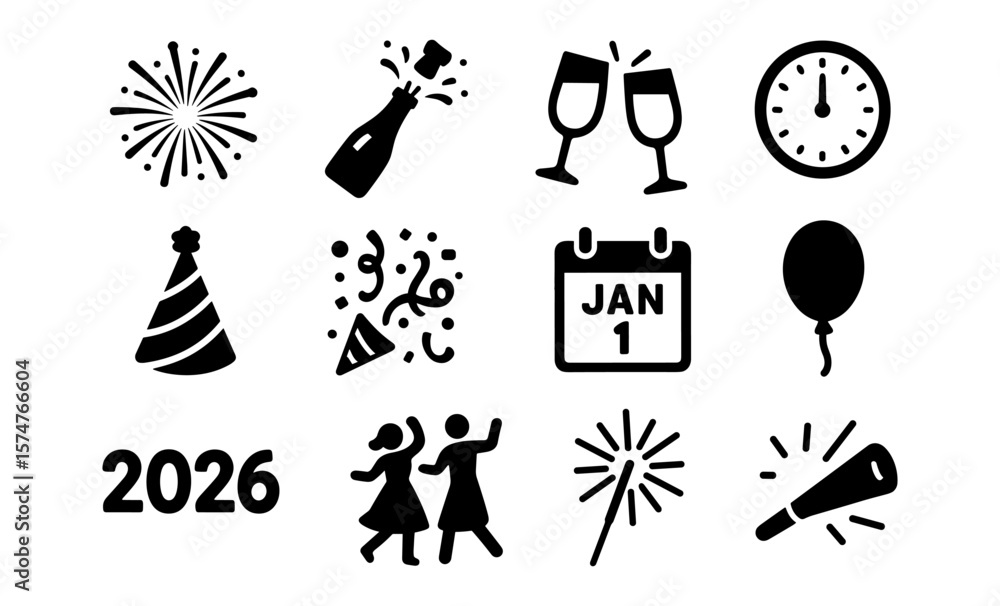 Fototapeta premium New year celebration icons for 2026 in bold black silhouette