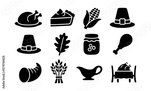 Thanksgiving icons: festive silhouette symbols celebrating autumn harvest traditions