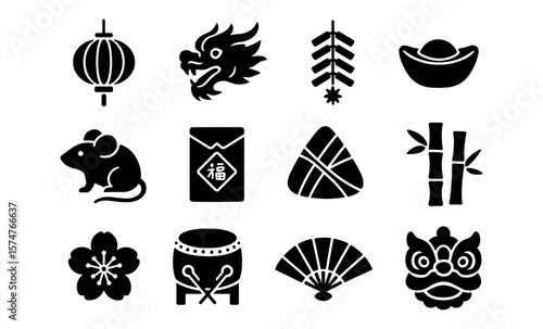 Traditional chinese symbols collection: lantern, dragon, gold, and bamboo silhouette icons
