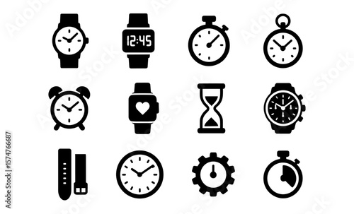 Minimalist timepiece silhouettes: watches, clocks, and timers in iconic designs