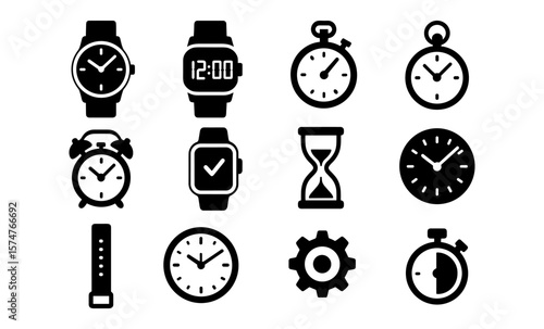 Variety of timekeeping devices in simple monochrome icons