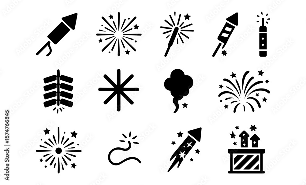 Fototapeta premium Set of firework and sparkler silhouettes for festive celebrations