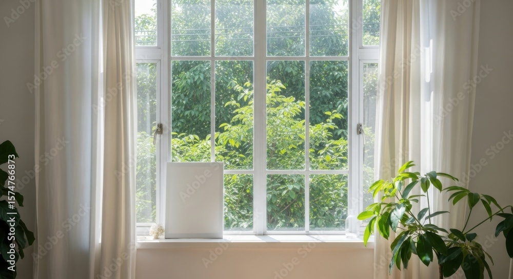 Fototapeta premium Brightly Lit Room with a Large Window Overlooking Lush Green Trees and Plants