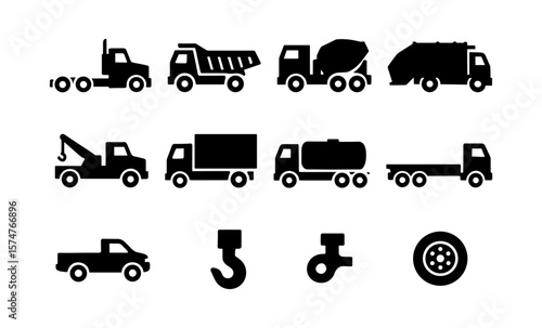 Black silhouette icons of different trucks and construction vehicles