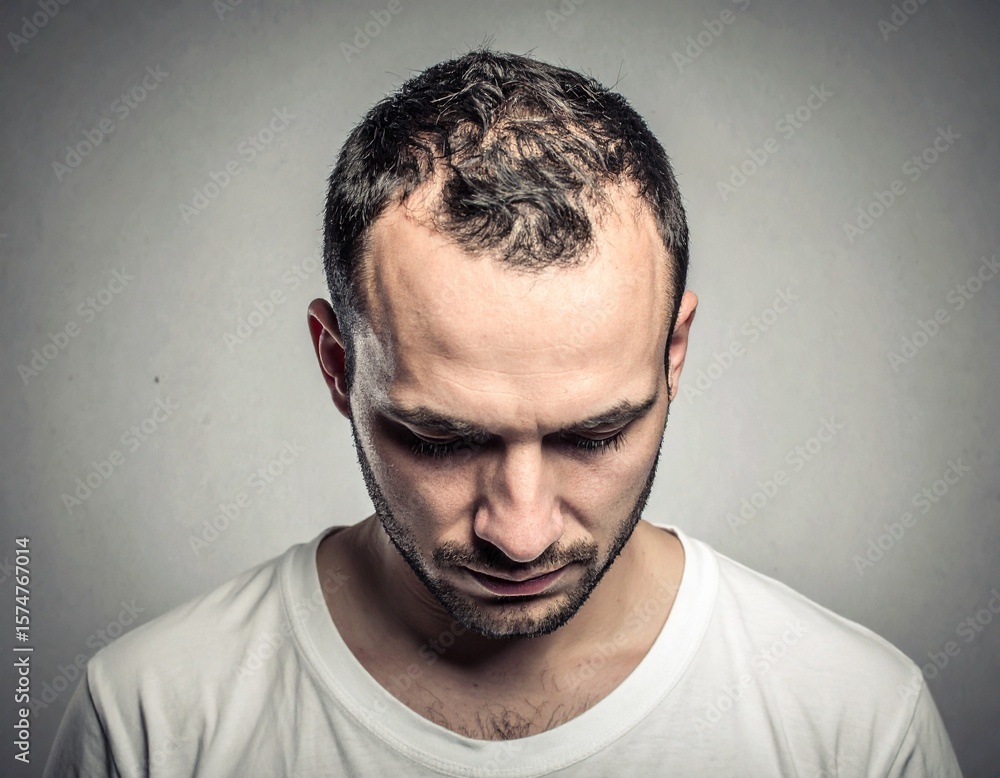 Fototapeta premium Man's receding hairline: A close-up portrait of a man looking down, showing his receding hairline and thoughtful expression.