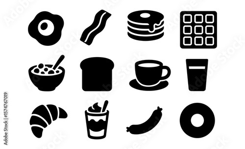 Breakfast food icons: minimalist silhouette collection of classic morning favorites