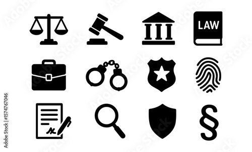Law and justice icons: silhouette collection of legal symbols and tools