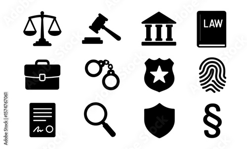 Essential legal icons: scales, gavel, law book, handcuffs, badge, fingerprint