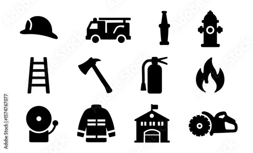 Firefighting icon set: essential tools and equipment in silhouette design