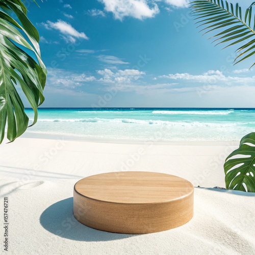 Summer Beach Background with Natural Wood Stage for Cosmetic or Skincare Products