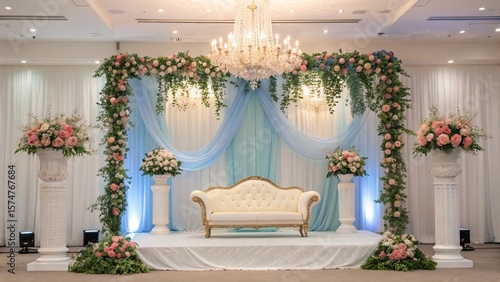 Luxurious Wedding Stage Decoration with Floral Arch, Drapes, and Elegant Sofa