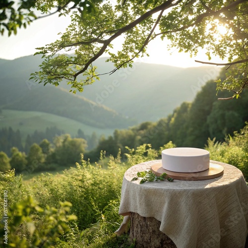 Tranquil Outdoor Setting with Rustic Table and Scenic Hills for Brand Presentation 