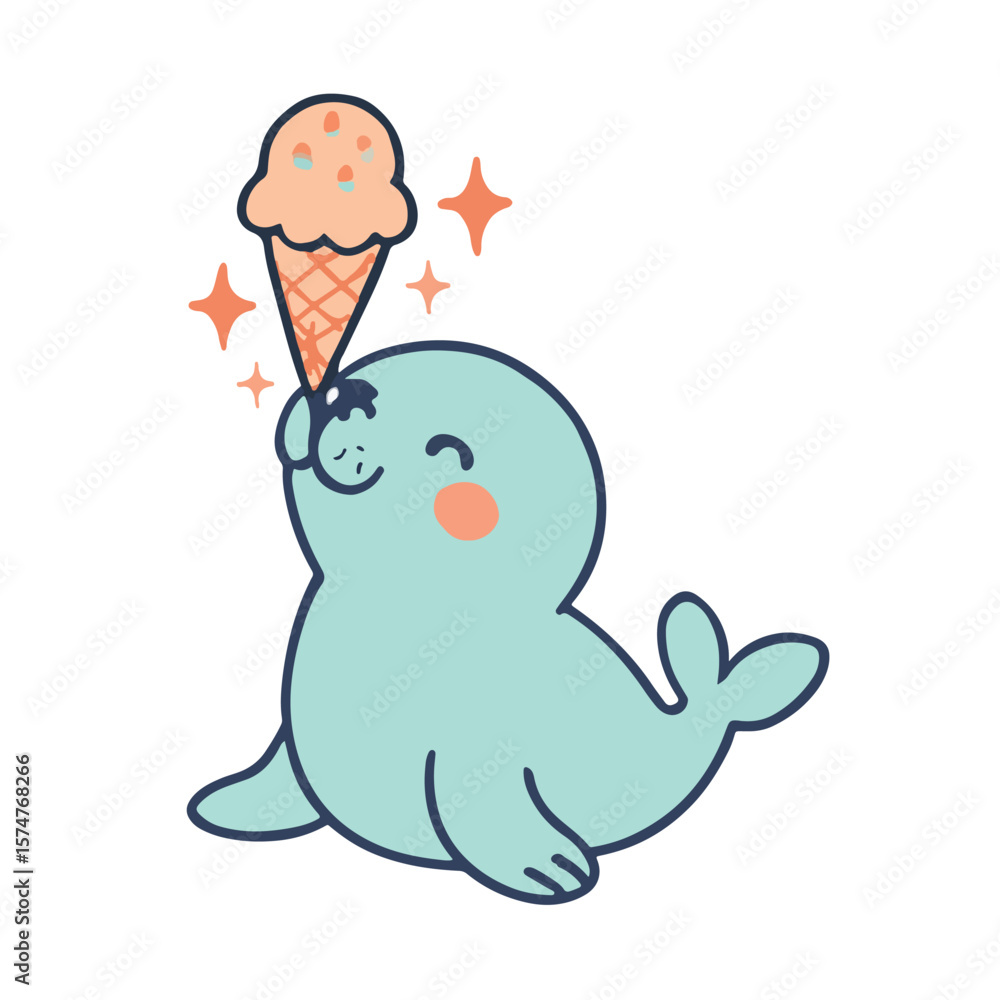 Fototapeta premium Happy Seal Holding Ice Cream – Summer Treat Animal Vector
