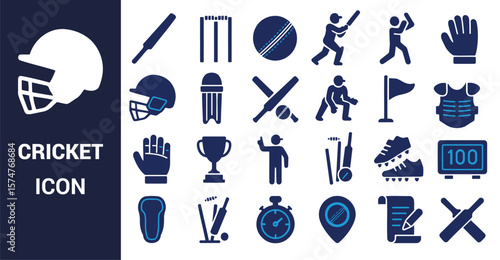 Cricket equipment and action icons ball wicket
