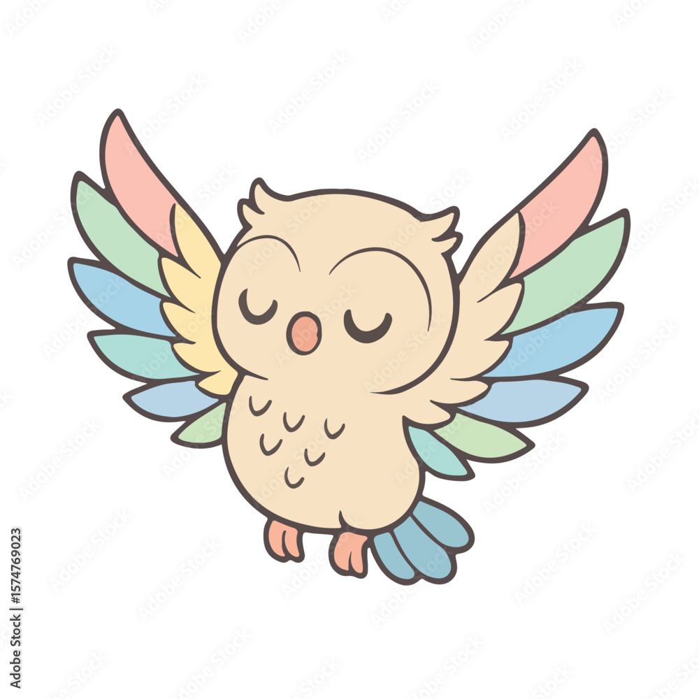 Naklejka premium Magical Owl with Rainbow Wings – Fantasy Bird Vector Illustration