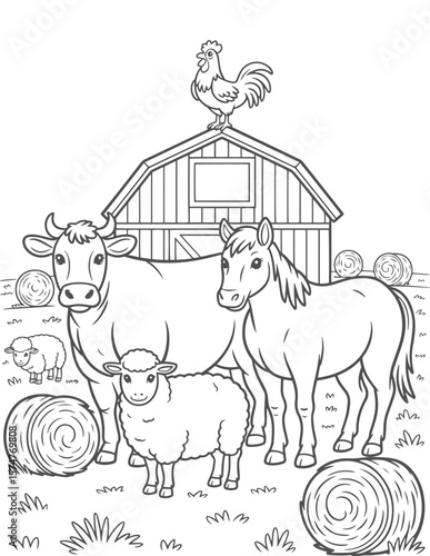 Farm animals and barn with hay bales horse sheep